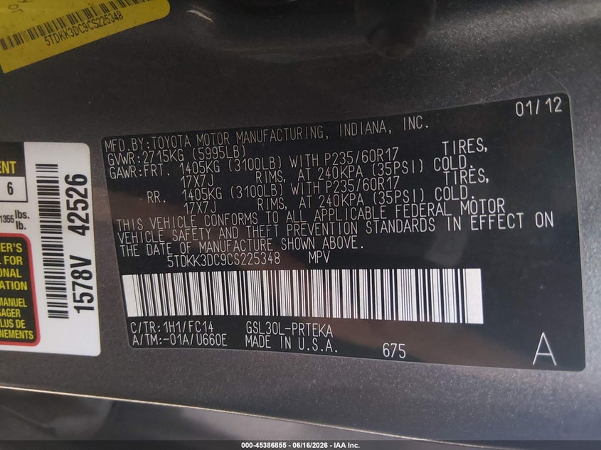 2012 Toyota Sienna VIN 5TDKK3DC9CS225348 IAAI salvage auction — LEFT FRONT, Salvage Title, sold $925 on 2026-07-22 (photo 9)