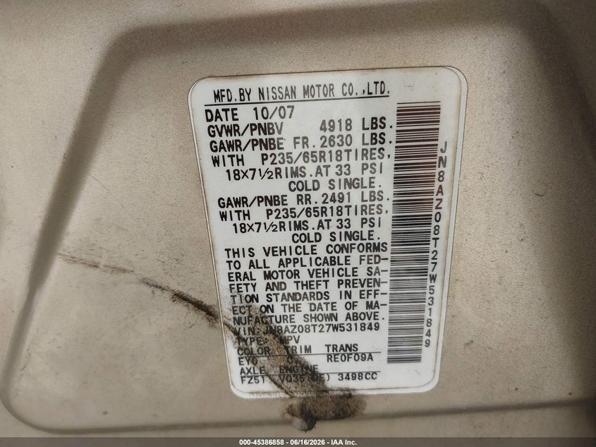 2007 Nissan Murano VIN JN8AZ08T27W531849 IAAI salvage auction — LEFT SIDE, Salvage (Alabama), sold $550 on 2026-07-06 (photo 9)