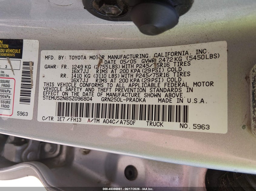 2005 Toyota Tacoma VIN 5TEMU52N85Z096804 IAAI salvage auction — REAR END, Salvage (Georgia), sold $3,325 on 2026-07-23 (photo 9)