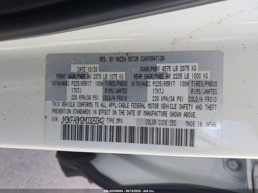 2021 Mazda Cx-5 VIN JM3KFABM2M0329342 IAAI salvage auction — RIGHT SIDE, Certificate Of Destruction (Florida), sold $1,200 on 2026-07-13 (photo 9)