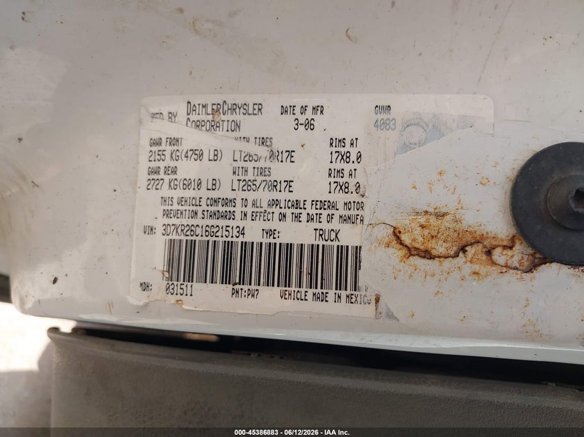2006 Dodge Ram 2500 VIN 3D7KR26C16G215134 IAAI salvage auction — LEFT & RIGHT, Original (Texas), sold $2,100 on 2026-07-10 (photo 9)