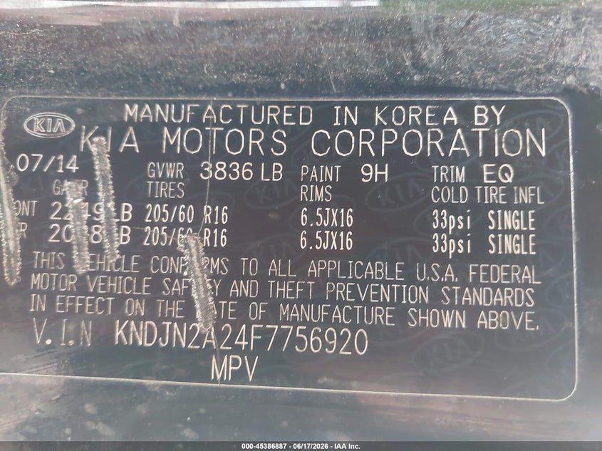 2015 Kia Soul VIN KNDJN2A24F7756920 IAAI salvage auction — RIGHT SIDE, Clear (Tennessee), sold $800 on 2026-07-06 (photo 9)