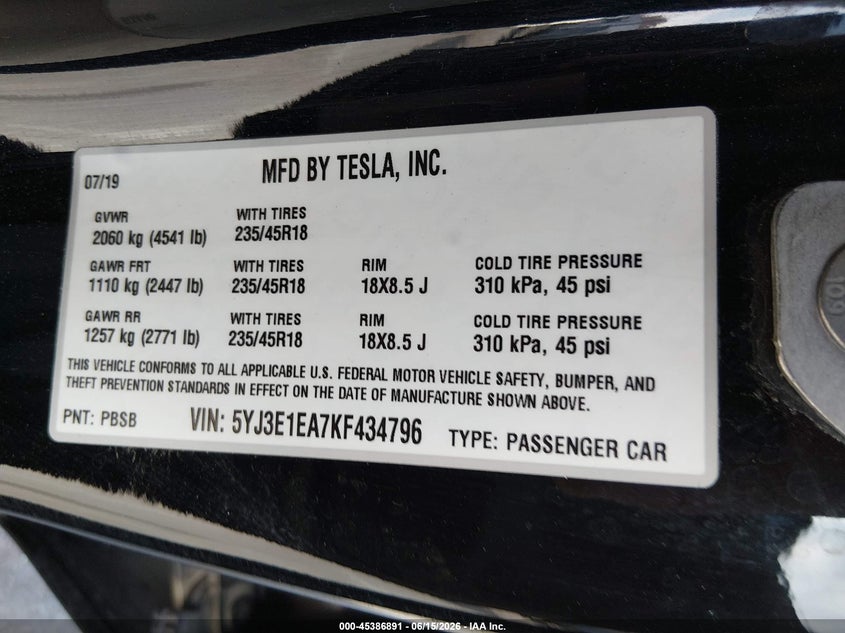 2019 Tesla Model 3 VIN 5YJ3E1EA7KF434796 IAAI salvage auction — LEFT FRONT, Salvage Title, sold $6,100 on 2026-08-03 (photo 9)