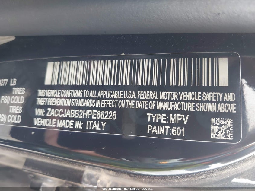 2017 Jeep Renegade VIN ZACCJABB2HPE66226 IAAI salvage auction — NORMAL WEAR, Original (Texas), sold $1,325 on 2026-07-14 (photo 9)