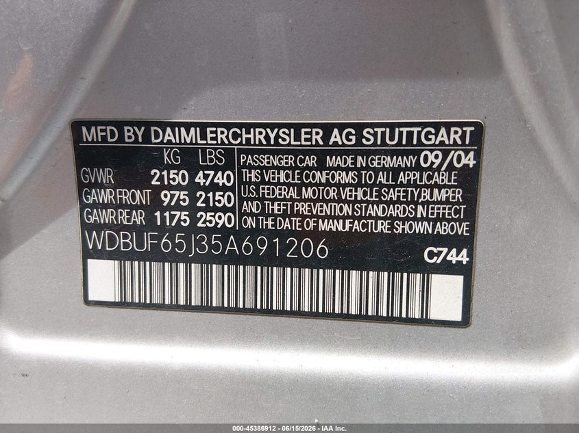 2005 Mercedes-benz E-class VIN WDBUF65J35A691206 IAAI salvage auction — RIGHT FRONT, Salvage (Oregon), sold $425 on 2026-08-06 (photo 9)