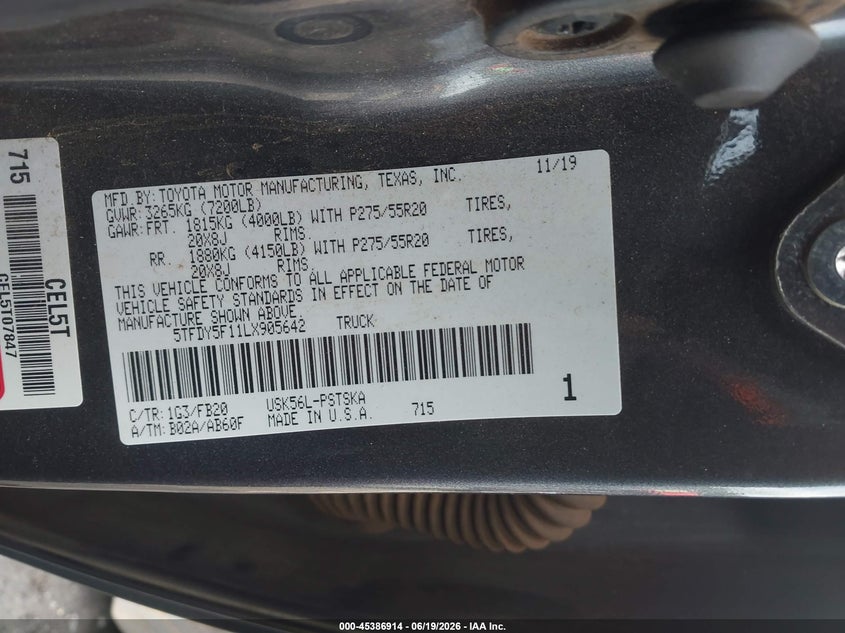 2020 Toyota Tundra VIN 5TFDY5F11LX905642 IAAI salvage auction — REAR END, Salvage Title, sold $14,800 on 2026-07-24 (photo 9)
