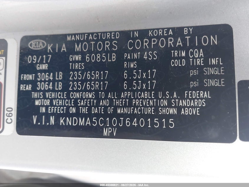 2018 Kia SEDONA VIN KNDMA5C10J6401515 IAAI salvage auction — NORMAL WEAR, Sf97 (Washington), sold $4,550 on 2026-07-29 (photo 9)