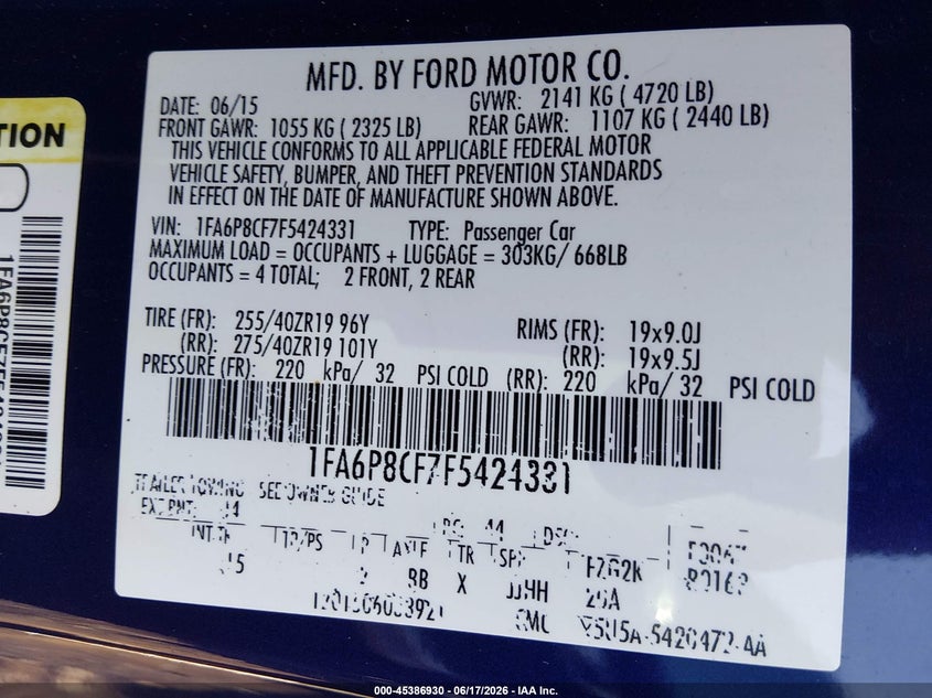 2015 Ford Mustang VIN 1FA6P8CF7F5424331 IAAI salvage auction — FRONT END, Salvage (Ohio), sold $7,200 on 2026-07-31 (photo 9)