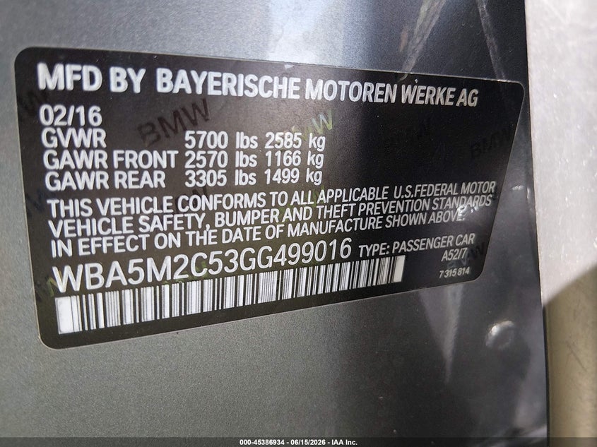 2016 BMW 5er VIN WBA5M2C53GG499016 IAAI salvage auction — LEFT SIDE, Salvage (Tennessee), sold $2,150 on 2026-07-09 (photo 9)