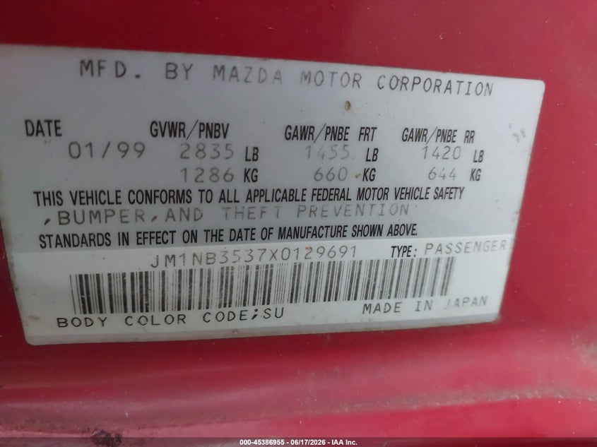 1999 Mazda Mx-5 miata VIN JM1NB3537X0129691 IAAI salvage auction — NORMAL WEAR, Clear (Illinois), sold $600 on 2026-07-29 (photo 9)