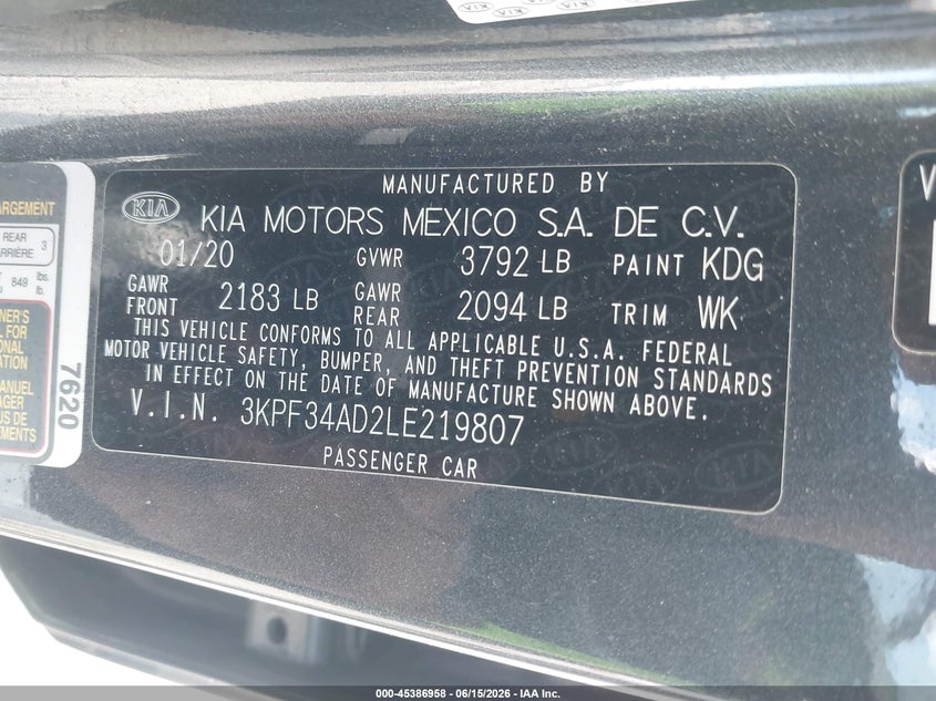 2020 Kia Forte VIN 3KPF34AD2LE219807 IAAI salvage auction — REAR END, Salvage (Missouri), sold $3,100 on 2026-07-11 (photo 9)