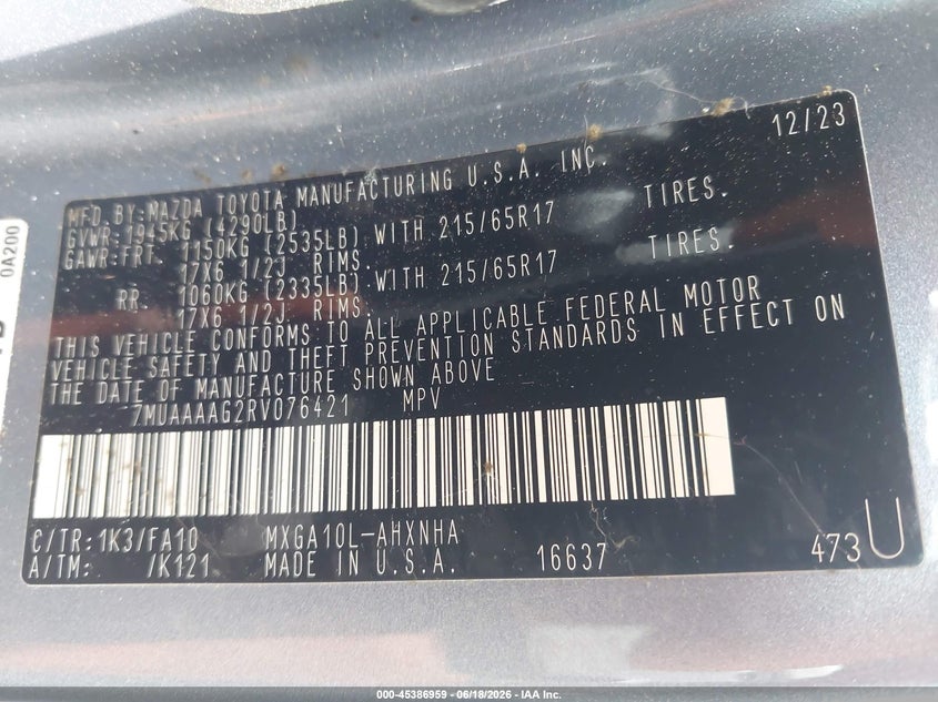 2024 Toyota Corolla cross VIN 7MUAAAAG2RV076421 IAAI salvage auction — FRONT END, Salvage (North Carolina), sold $9,750 on 2026-07-13 (photo 9)