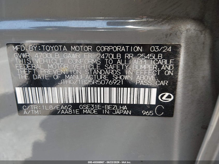 2024 Lexus Is VIN JTHGZ1B25R5076921 IAAI salvage auction — FRONT & REAR, Salvage Title, sold $9,000 on 2026-07-29 (photo 9)