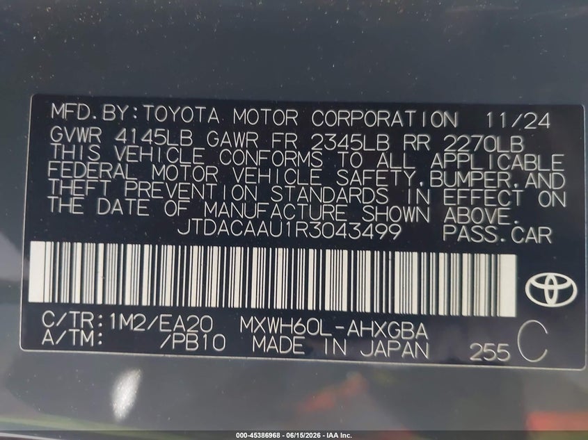 2024 Toyota Prius VIN JTDACAAU1R3043499 IAAI salvage auction — WATER/FLOOD, Salvage Title, sold $8,400 on 2026-07-29 (photo 9)