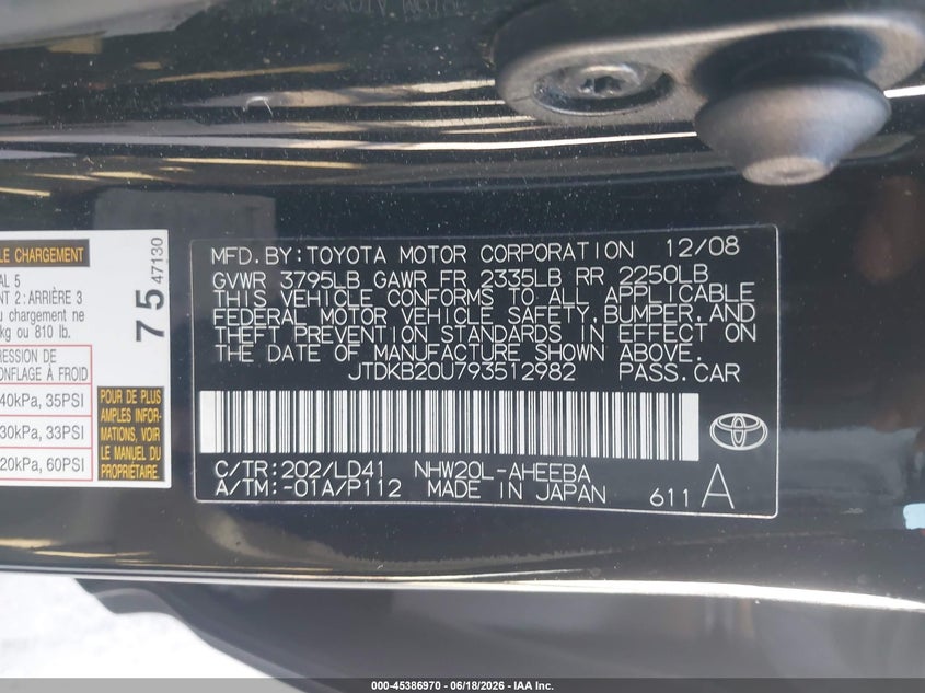 2009 Toyota Prius VIN JTDKB20U793512982 IAAI salvage auction — SIDE, Salvage (California), sold $725 on 2026-07-10 (photo 9)