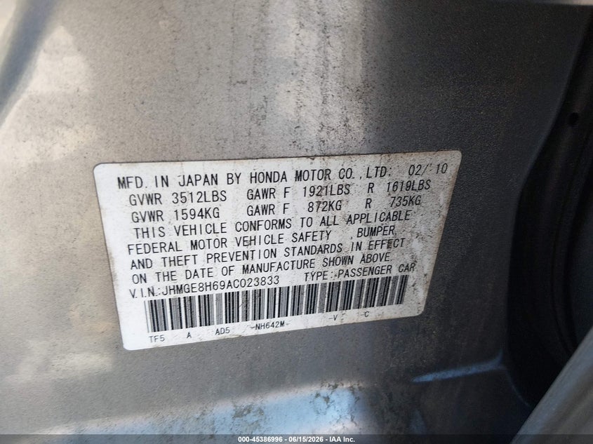 2010 Honda Fit VIN JHMGE8H69AC023833 IAAI salvage auction — LEFT SIDE, Clear (Virginia), sold $1,125 on 2026-07-17 (photo 9)