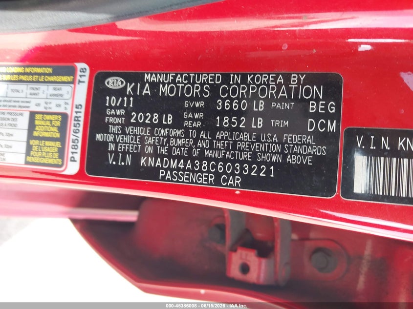 2012 Kia Rio VIN KNADM4A38C6033221 IAAI salvage auction — NORMAL WEAR, Salvage Title - Dealer (California), sold $475 on 2026-07-27 (photo 9)