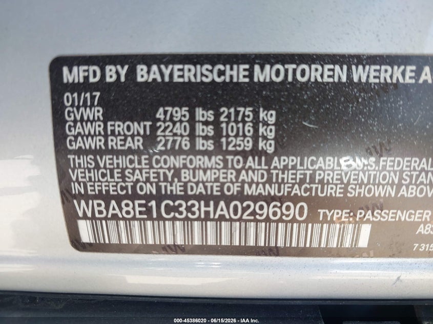 2017 BMW 3er VIN WBA8E1C33HA029690 IAAI salvage auction — FRONT END, Salvage (California), sold $3,675 on 2026-07-06 (photo 9)