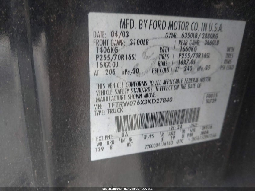 2003 Ford F-150 VIN 1FTRW076X3KD27840 IAAI salvage auction — REAR END, Rebuildable (Florida), sold $350 on 2026-07-09 (photo 9)