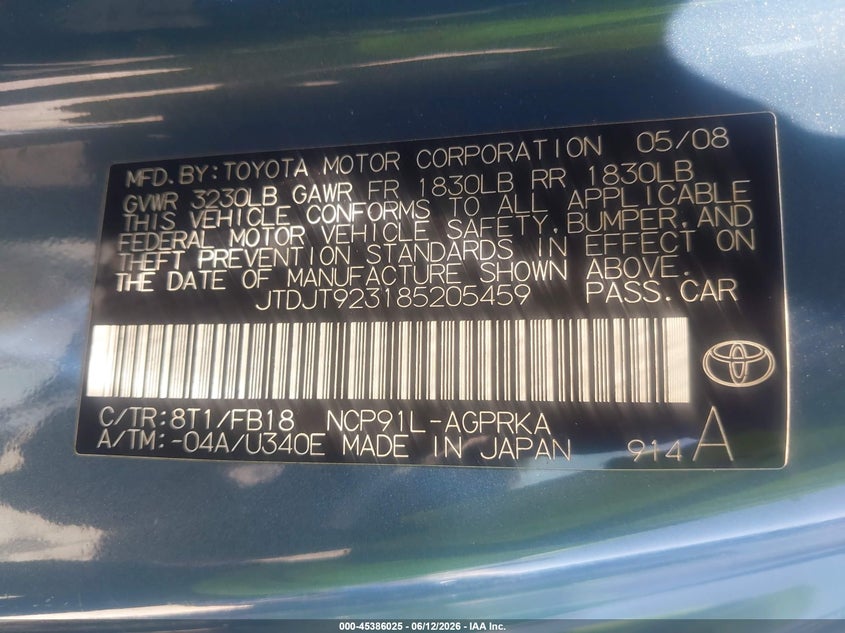 2008 Toyota Yaris VIN JTDJT923185205459 IAAI salvage auction — FRONT & REAR, Clear - Dealer Only (California), sold $575 on 2026-07-15 (photo 9)