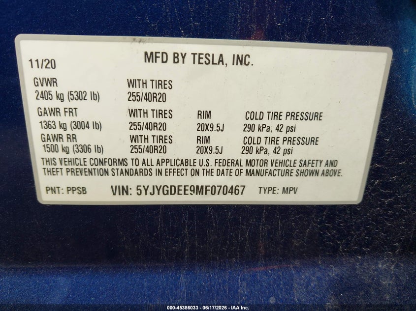 2021 Tesla Model y VIN 5YJYGDEE9MF070467 IAAI salvage auction — FRONT END, Salvage (Michigan), sold $6,100 on 2026-07-18 (photo 9)