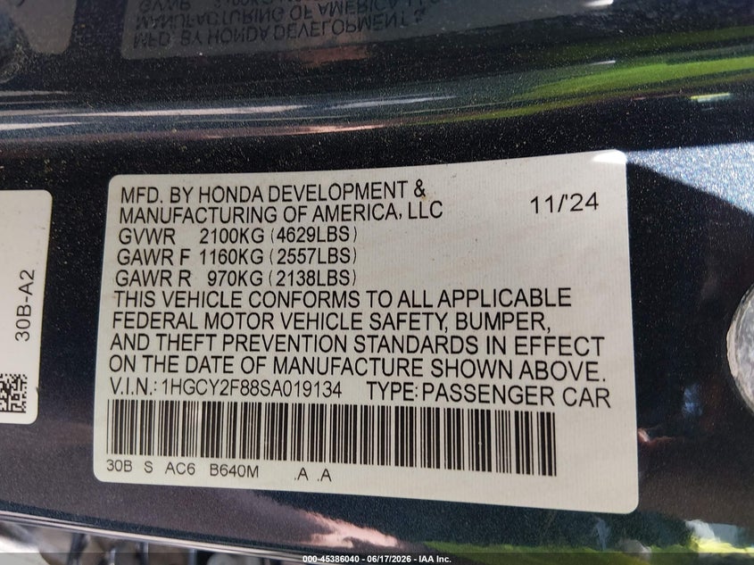 2025 Honda Accord VIN 1HGCY2F88SA019134 IAAI salvage auction — LEFT FRONT, Salvage (North Carolina), sold $9,100 on 2026-07-29 (photo 9)