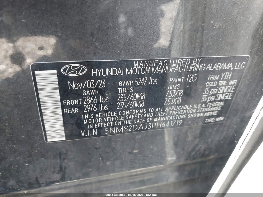 2023 Hyundai Santa fe VIN 5NMS2DAJ3PH641719 IAAI salvage auction — FRONT END, Wait Title, sold $8,300 on 2026-09-01 (photo 9)