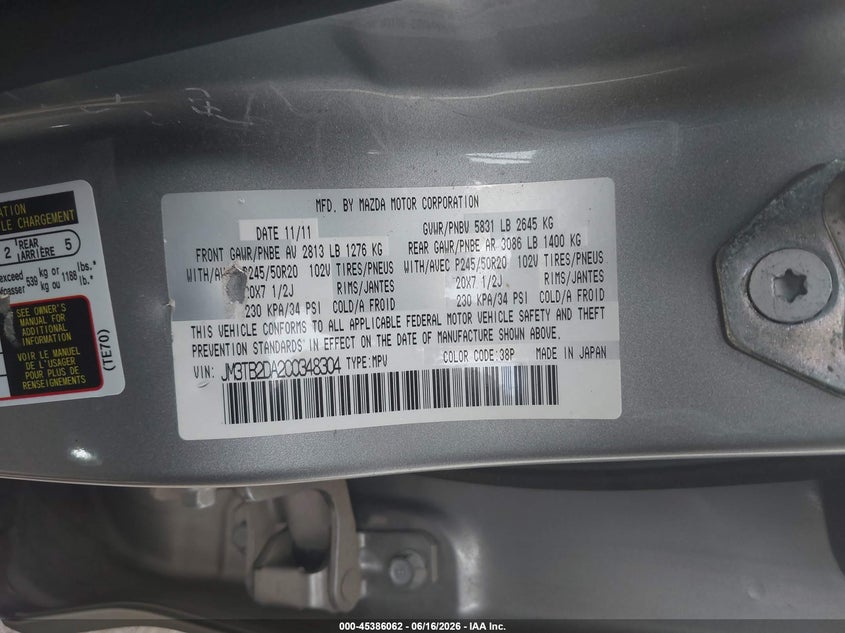 2012 Mazda Cx-9 VIN JM3TB2DA2C0348304 IAAI salvage auction — HAIL, Original (Texas), sold $1,500 on 2026-07-28 (photo 9)