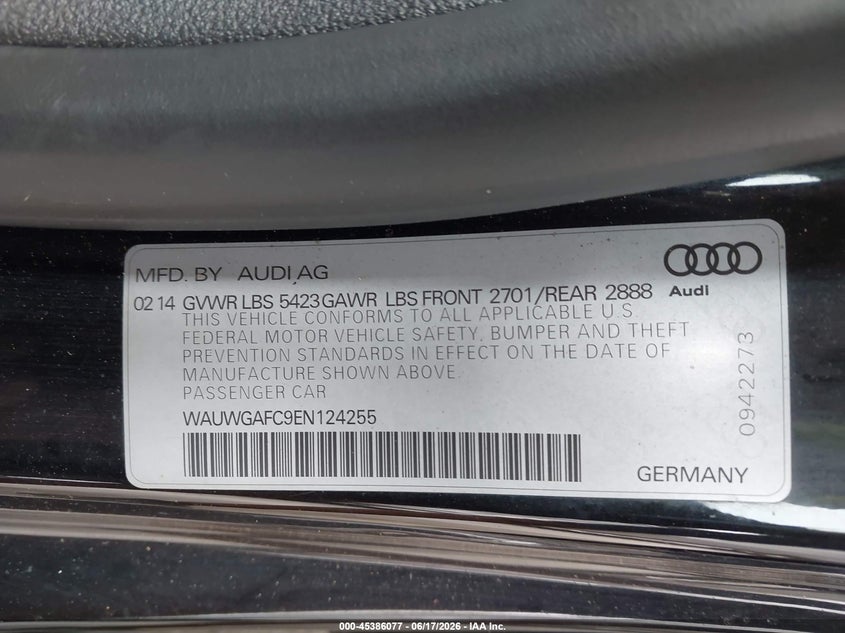 2014 Audi A7 VIN WAUWGAFC9EN124255 IAAI salvage auction — FRONT END, Rebuildable (Florida), sold $1,300 on 2026-07-14 (photo 9)