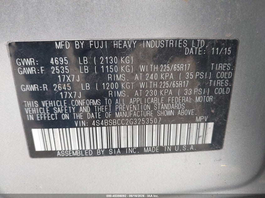 2016 Subaru Outback VIN 4S4BSBCC2G3253507 IAAI salvage auction — SIDE, Clear (Indiana), sold $650 on 2026-07-29 (photo 9)