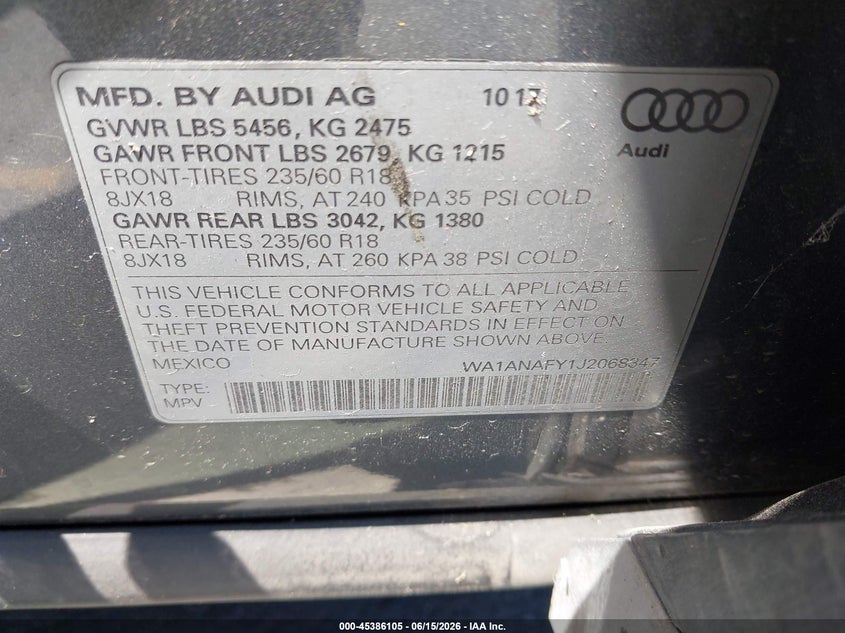 2018 Audi Q5 VIN WA1ANAFY1J2068347 IAAI salvage auction — LEFT FRONT, Salvage (California), sold $4,350 on 2026-07-13 (photo 9)