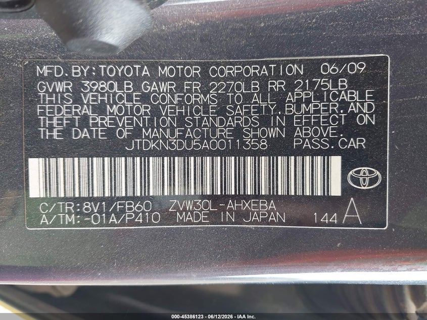 2010 Toyota Prius VIN JTDKN3DU5A0011358 IAAI salvage auction — NORMAL WEAR, Clear-Dealer Only (Arizona), sold $350 on 2026-07-28 (photo 9)