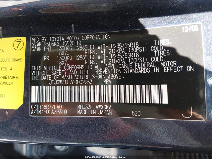 2006 Lexus Rx 400h VIN JTJGW31U760002253 IAAI salvage auction — FRONT END, Salvage (California), sold $1,200 on 2026-07-23 (photo 9)