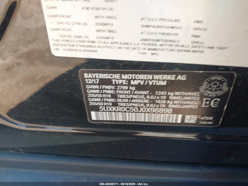 2018 BMW X5 VIN 5UXKR0C50J0X96898 IAAI salvage auction — RIGHT SIDE, Salvage Title, sold $7,100 on 2026-07-28 (photo 9)