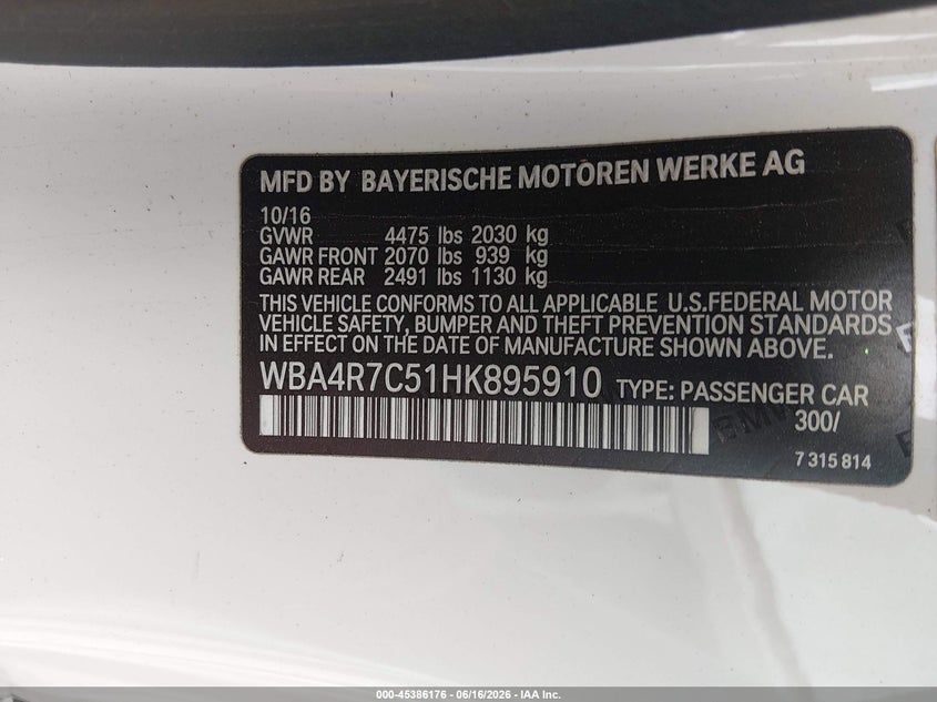 2017 BMW 4er VIN WBA4R7C51HK895910 IAAI salvage auction — SIDE, Salvage (North Carolina), sold $4,350 on 2026-08-10 (photo 9)