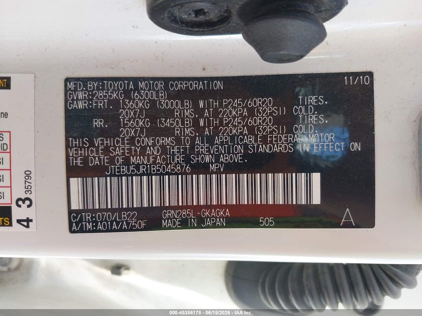 2011 Toyota 4runner VIN JTEBU5JR1B5045876 IAAI salvage auction — SIDE, Salvage (Missouri), sold $5,900 on 2026-07-29 (photo 9)