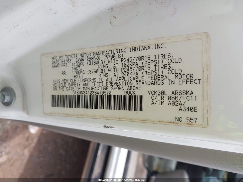 2003 Toyota Tundra VIN 5TBRN34123S410970 IAAI salvage auction — RIGHT FRONT, Salvage (Alabama), sold $1,850 on 2026-07-12 (photo 9)