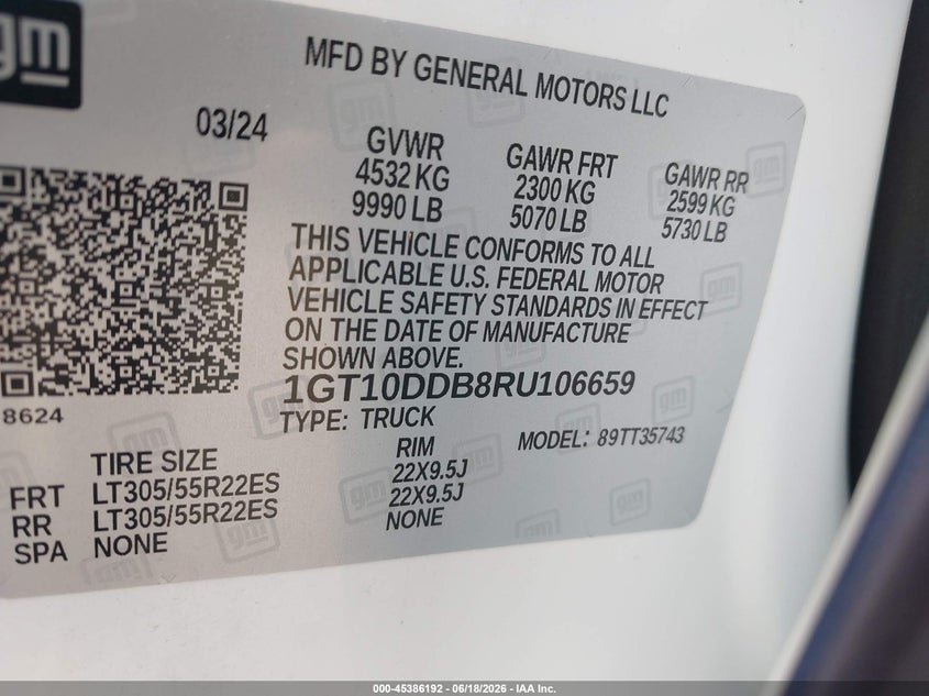 2024 Gmc VIN 1GT10DDB8RU106659 IAAI salvage auction — FRONT END, Salvage Title, sold $35,325 on 2026-09-10 (photo 9)