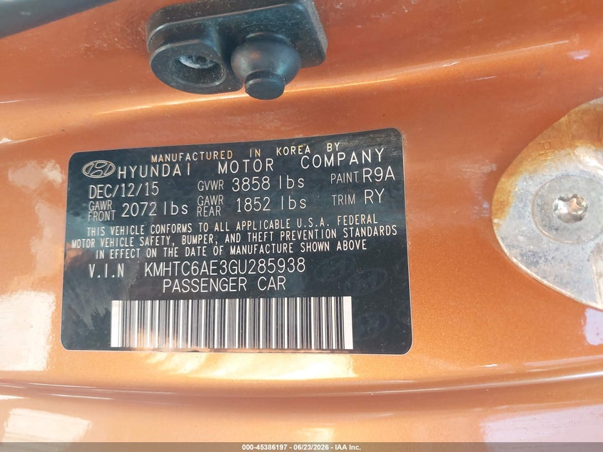 2016 Hyundai Veloster VIN KMHTC6AE3GU285938 IAAI salvage auction — FRONT END, Salvage Title, sold $375 on 2026-07-28 (photo 9)