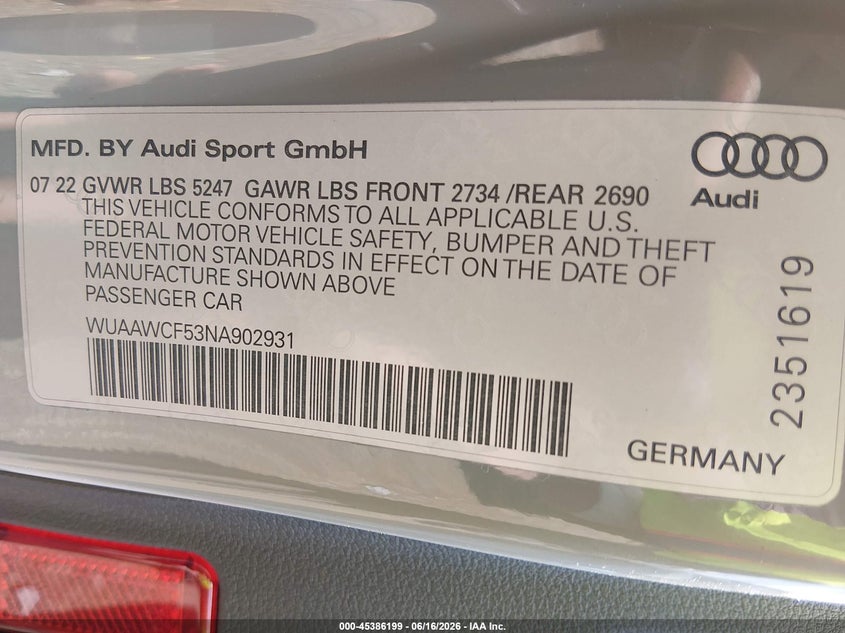 2022 Audi Rs5 VIN WUAAWCF53NA902931 IAAI salvage auction — REAR END, Salvage (Ohio), sold $28,850 on 2026-07-27 (photo 9)