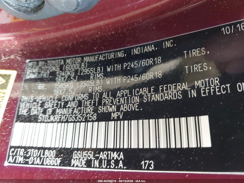 2016 Toyota Highlander VIN 5TDJKRFH7GS352158 IAAI salvage auction — FRONT END, Salvage (Tennessee), sold $150 on 2026-07-22 (photo 9)