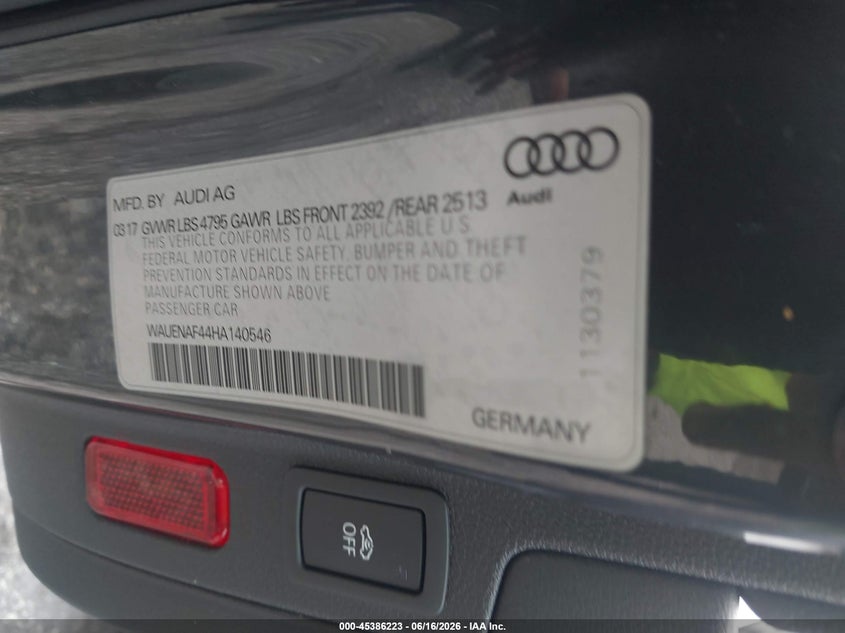 2017 Audi A4 VIN WAUENAF44HA140546 IAAI salvage auction — SIDE, Rebuildable (Florida), sold $4,850 on 2026-07-09 (photo 9)