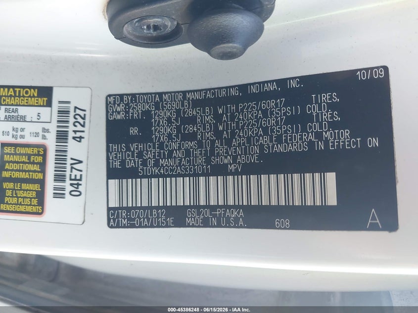 2010 Toyota Sienna VIN 5TDYK4CC2AS331011 IAAI salvage auction — NORMAL WEAR, Clear (South Carolina), sold $650 on 2026-07-28 (photo 9)