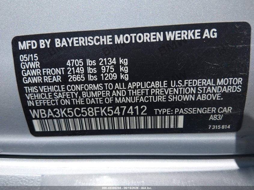 2015 BMW 3er VIN WBA3K5C58FK547412 IAAI salvage auction — FRONT END, Clear (Arkansas), sold $4,550 on 2026-07-29 (photo 9)