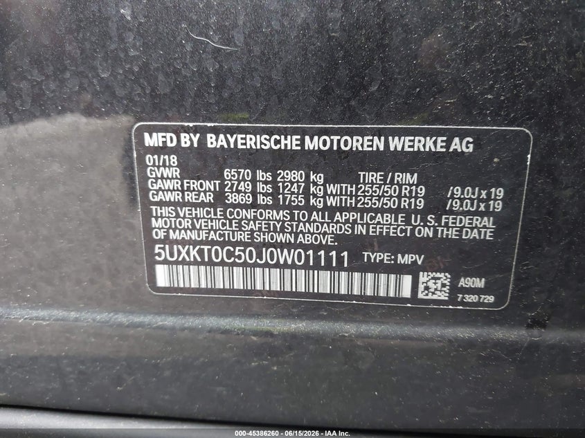 2018 BMW X5 VIN 5UXKT0C50J0W01111 IAAI salvage auction — FRONT END, Salvage (Massachusetts), sold $7,200 on 2026-07-28 (photo 9)