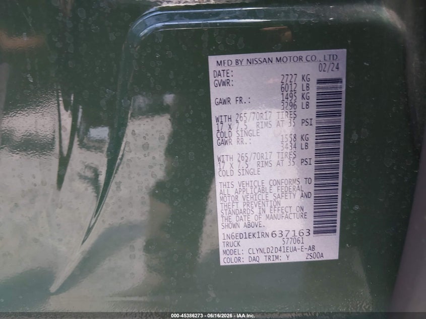 2024 Nissan Navara (frontier) VIN 1N6ED1EK1RN637163 IAAI salvage auction — FRONT END, Rebuildable (Florida), sold $9,850 on 2026-07-28 (photo 9)