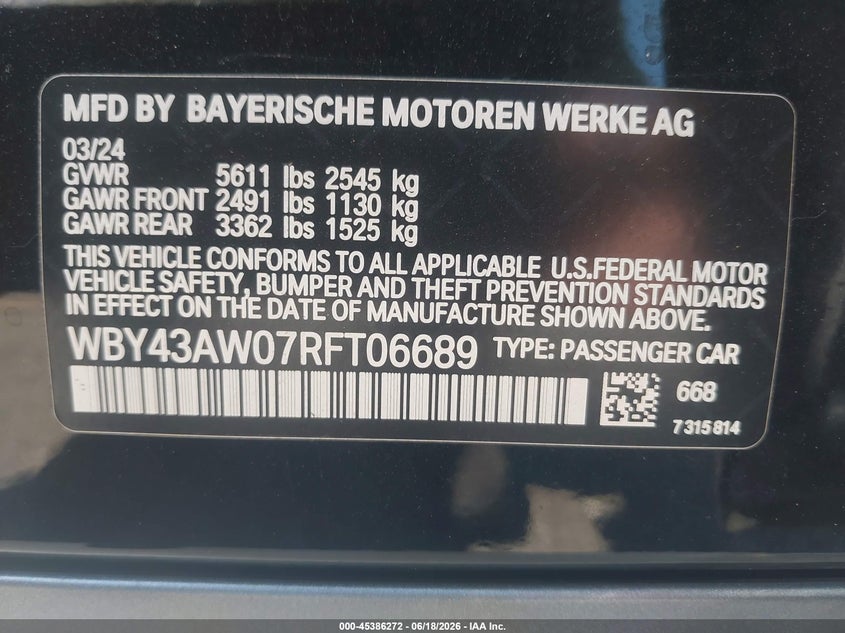 2024 BMW I4 VIN WBY43AW07RFT06689 IAAI salvage auction — LEFT FRONT, Salvage Title, sold $12,300 on 2026-08-03 (photo 9)