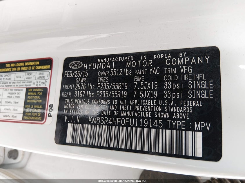2015 Hyundai Santa fe VIN KM8SR4HF0FU119145 IAAI salvage auction — FRONT END, Salvage (Texas), sold $1,900 on 2026-07-22 (photo 9)