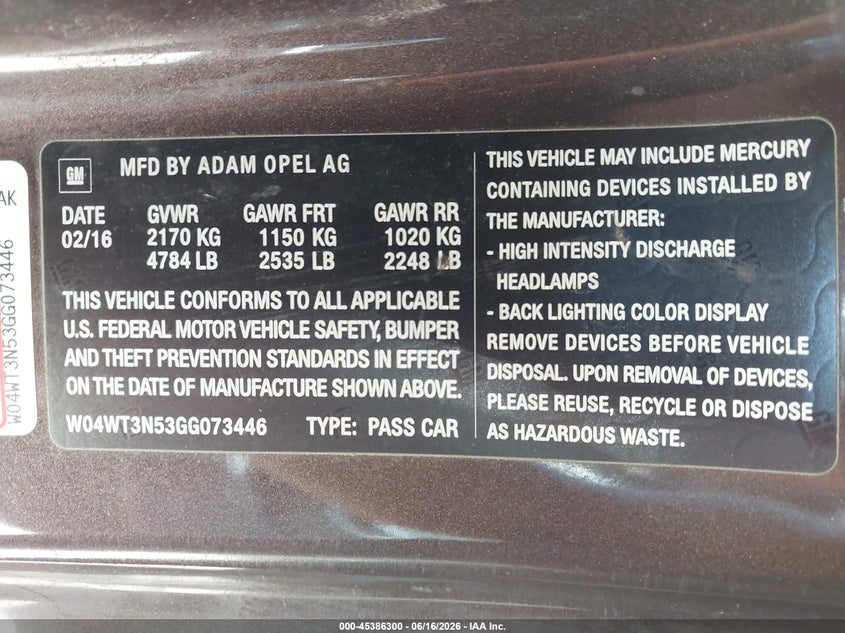 2016 Buick Cascada VIN W04WT3N53GG073446 IAAI salvage auction — FRONT END, Salvage (Texas), sold $425 on 2026-07-21 (photo 9)