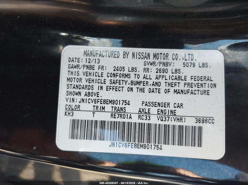 2014 Infiniti Q60 VIN JN1CV6FE8EM901754 IAAI salvage auction — RIGHT FRONT, Clear (New Jersey), sold $4,100 on 2026-07-07 (photo 9)